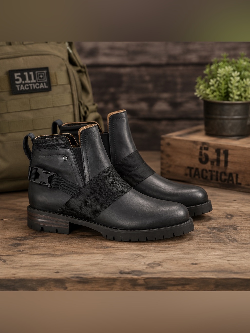 5.11 Tactical Fury Black Leather Ankle Lug Sole Boots with Elastic Strap Size 8